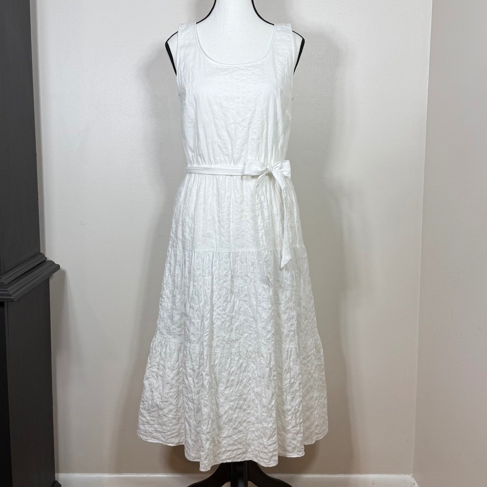 Talbots Womens Midi Dress 4 White Cotton Sleeveless Tiered Coastal Cottagecore